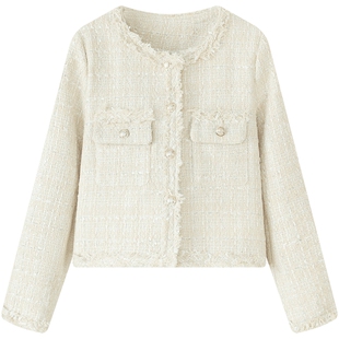 慕兔法式圆领小香风短款外套女2026春季新款宽松粗花呢小个子上衣