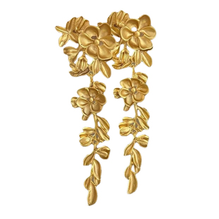 金色花朵长款流苏耳环女轻奢高级感夸张小众新中式气质方圆脸耳饰