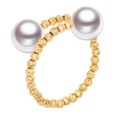 GiO珠宝 18K金Akoya海水珍珠戒指女双珠弹簧开口戒手饰送女友礼物