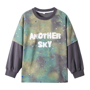 男童春装假两件长袖T恤2026新款中大儿童男孩春秋痞帅宽松上衣潮