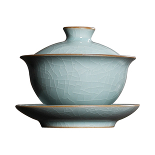 青瓷三才盖碗茶杯单个大号龙泉手工冰裂纹陶瓷不烫手泡茶功夫茶具