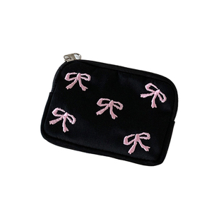 thefifthmoon可爱俏皮刺绣蝴蝶结帆布小包卡包收纳包补妆