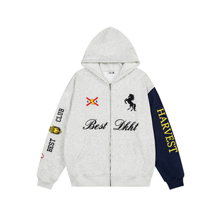 DARKAGE原创美式复古国潮牌撞色袖子连帽卫衣男女款刺绣宽松外套