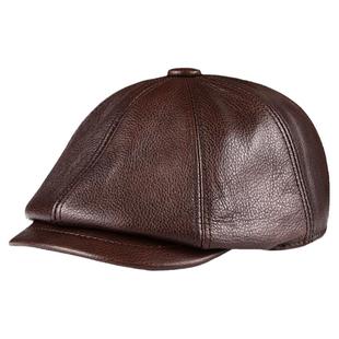 秋冬季头层牛皮鸭舌贝雷帽男士中老年人真皮帽子休闲老人八角帽冬