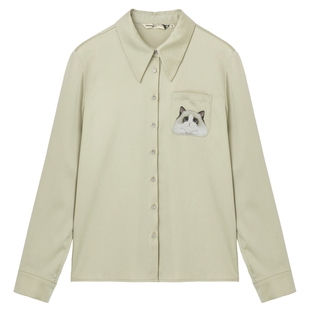 布景衬衫女冬季新品简约贴袋可爱猫咪印花设计长袖翻领衬衣1733
