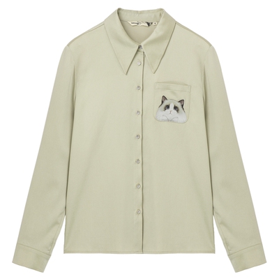 布景猫咪印花长袖衬衫