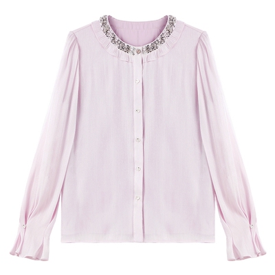 秋水伊人圆领缎面衬衫上衣女小衫