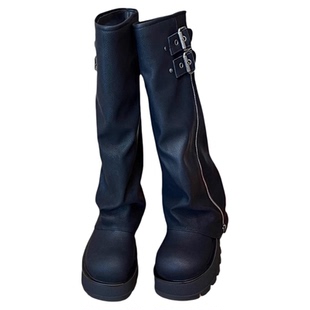 拖沓刘天王/小粗腿显腿细厚底拉链烟筒靴/全牛皮加宽筒围/跟高7cm