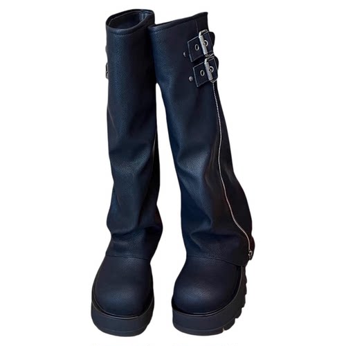 拖沓刘天王/小粗腿显腿细厚底拉链烟筒靴/全牛皮加宽筒围/跟高7cm