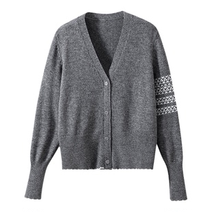 【外M订单】1OO%羊毛 学院风四道杠雪花小狗提花针织开衫毛衣