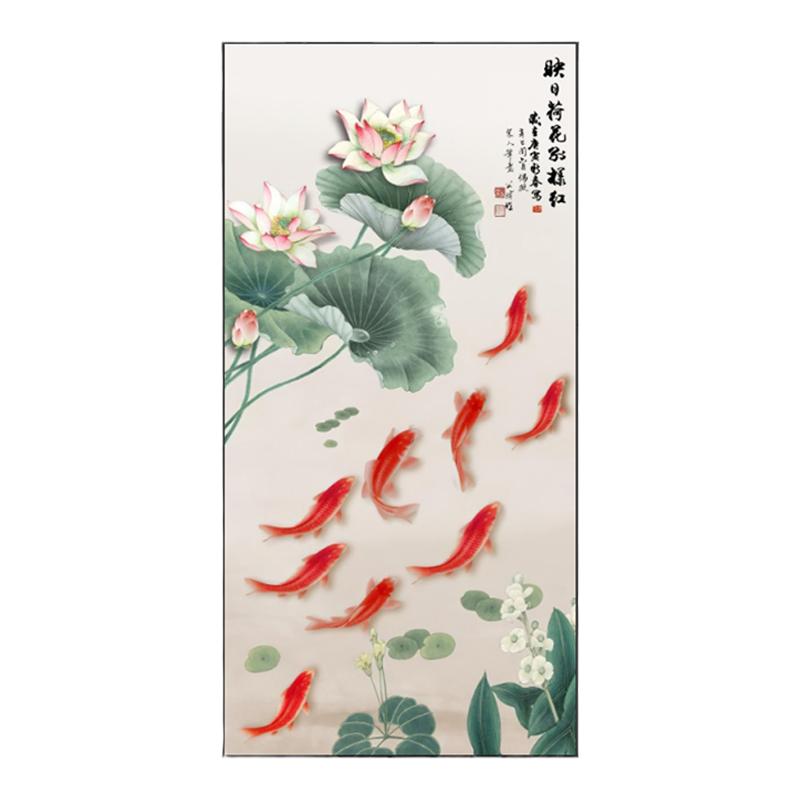 九鱼图风水招财国画玄关装饰画竖版客厅过道走廊挂画新中式墙壁画