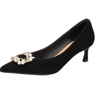 natursun女鞋春季气质优雅黑色高跟鞋女细跟不累脚小香风尖头单鞋