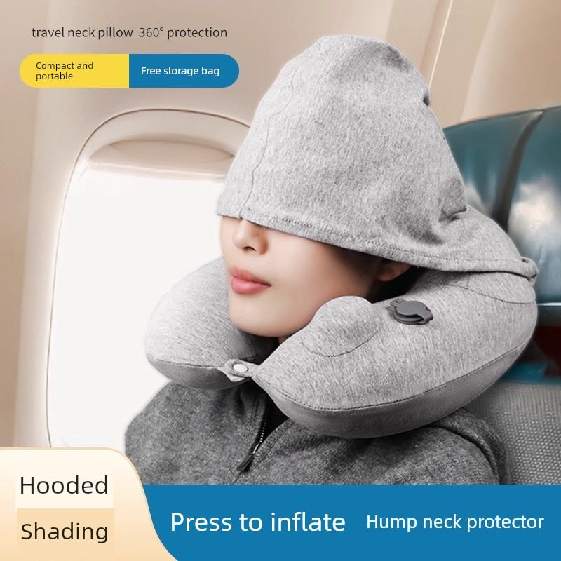 按压充气u型枕连帽旅行枕头便携护颈枕带帽脖枕长途飞机睡觉神器