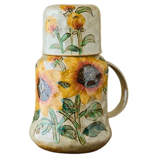 景德镇釉下复古粗陶手绘向日葵凉水壶大容量茶壶一壶一杯套装水壶