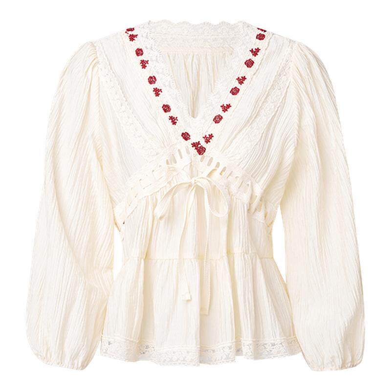 IHDXD 玫瑰小上衣杏色蕾丝衬衫2025夏季长袖上衣百搭衬衣