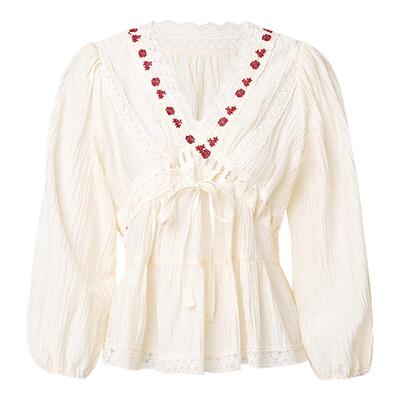 【现货】IHDXD 玫瑰小上衣杏色蕾丝衬衫2025夏季长袖上衣百搭衬衣