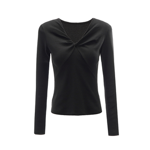 V领扭结设计感长袖女正肩气质内搭2025秋冬新款橘红色打底衫上衣