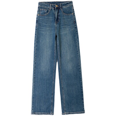 撞色高腰阔腿直筒牛仔裤女