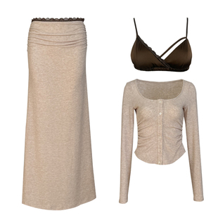 Tongse | 秋日开场白 辣妹风性感针织套装长袖上衣包臀裙三件套女