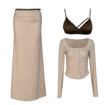 辣妹风性感针织套装长袖上衣女