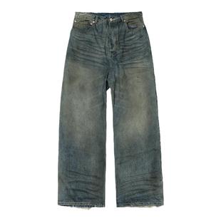 False Inception重工洗水蓝baggy泥染破坏直筒宽松牛仔裤巴家风格