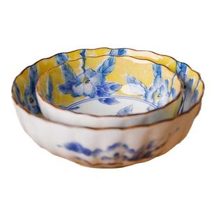 爱悦居日本进口黄彩花纹陶瓷深盘早餐盘汤碗面碗饭碗日式餐具家用