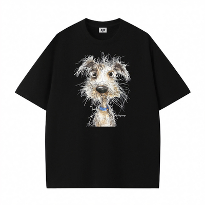 STA旗舰店美式趣味潦草小狗短袖男女夏季潮牌复古高街纯棉黑色t恤