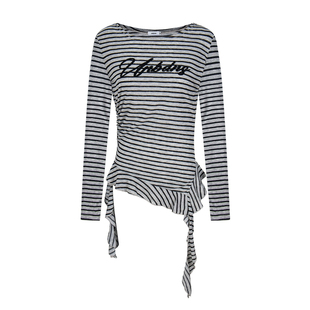 辣到中暑美式辣妹风条纹荷叶边飘带露肩长袖T恤修身显瘦打底上衣