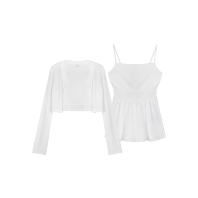 安妮不火邻家符号韩女针织开衫吊带套装女微胖大码收腰上衣两件套