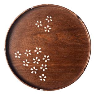日式木质茶盘实木镂空大号圆形托盘茶盘餐杯托盘水果盘点心盘家用