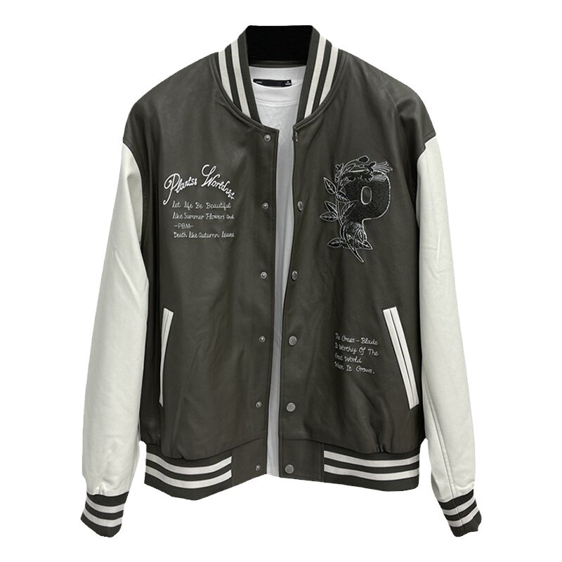 绣花撞色袖棒球服皮夹克宽松