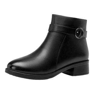 奥康 女鞋秋冬妈妈加厚棉鞋皮靴饰扣加绒保暖中老年粗跟短靴女