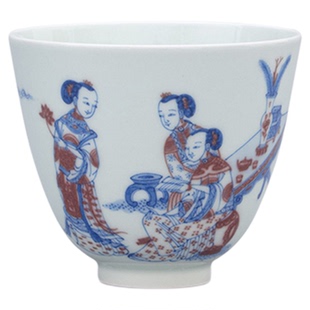 二亭青花釉里红茶杯 仕女图铃铛杯 景德镇手绘釉下彩瓷器