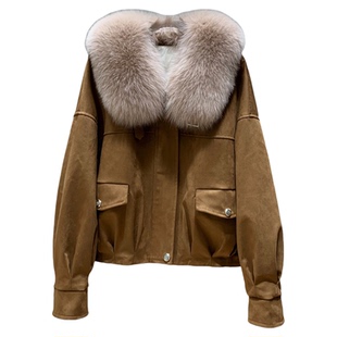 太妃拿铁!狐狸毛领鹅绒内胆麂皮绒夹克大衣2025冬新款皮草外套女