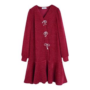 大码连衣裙秋冬红色减龄200斤胖mm新款气质中长款雪尼尔显瘦裙子3