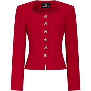 曼德诗绵羊毛短外套2025秋季新款时尚修身纯色方领设计气质上衣女