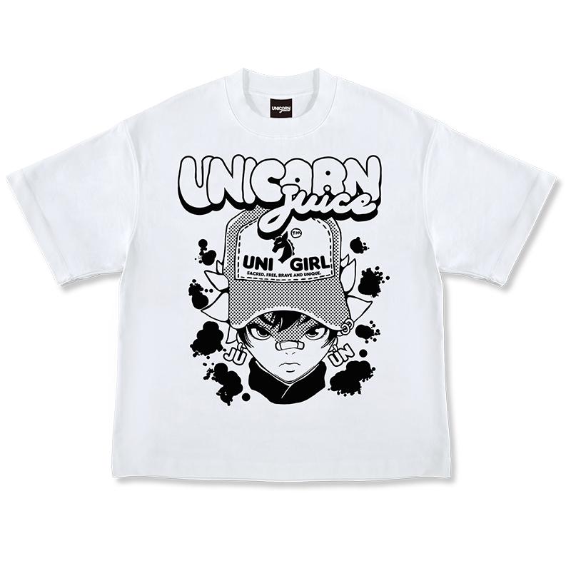 JuiceUnicorn25夏重磅纯棉落肩短袖男女二次元热血漫画美式印花T