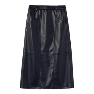 三所vintage 环保PU柔软皮eco-friendly 拼接分割线腰袢半身腰裙