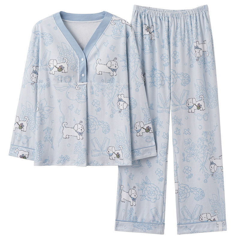 睡衣女士春秋纯棉月子服自带胸垫