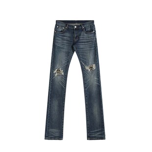 no E mosen(noE）双膝大破坏拼皮铆钉蓝鬼水洗做旧修身微弹牛仔裤