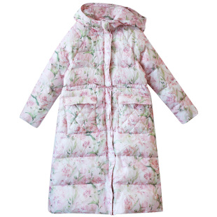 【繁花之境】连帽粉色印花羽绒服女士长款冬季加厚收腰白鸭绒外套