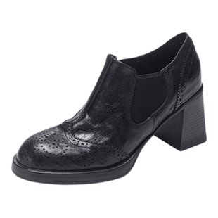 8cm手抓羊皮粗跟圆头英伦风小皮鞋女黑色高跟鞋真皮雕花懒人单鞋