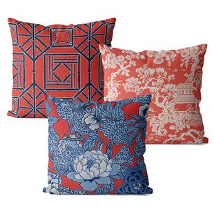 新中式棉麻沙发抱枕双面图案复古风格红色靠垫套床头大靠背腰靠垫