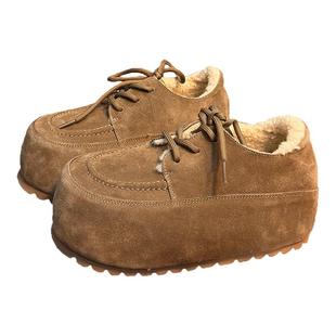 复古真皮大头面包鞋女厚底松糕丑萌勃肯鞋小个子内增高加绒乐福鞋