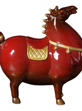 中式唐马金色红陶瓷摆件招财客厅