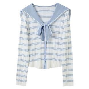 三彩独醒2026春季新款条纹针织衫海军领毛衫修身套头上衣F