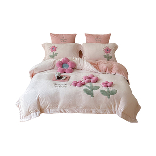 秋冬季加厚双面牛奶绒立体花朵四件套法莱绒少女心保暖绒被套床上