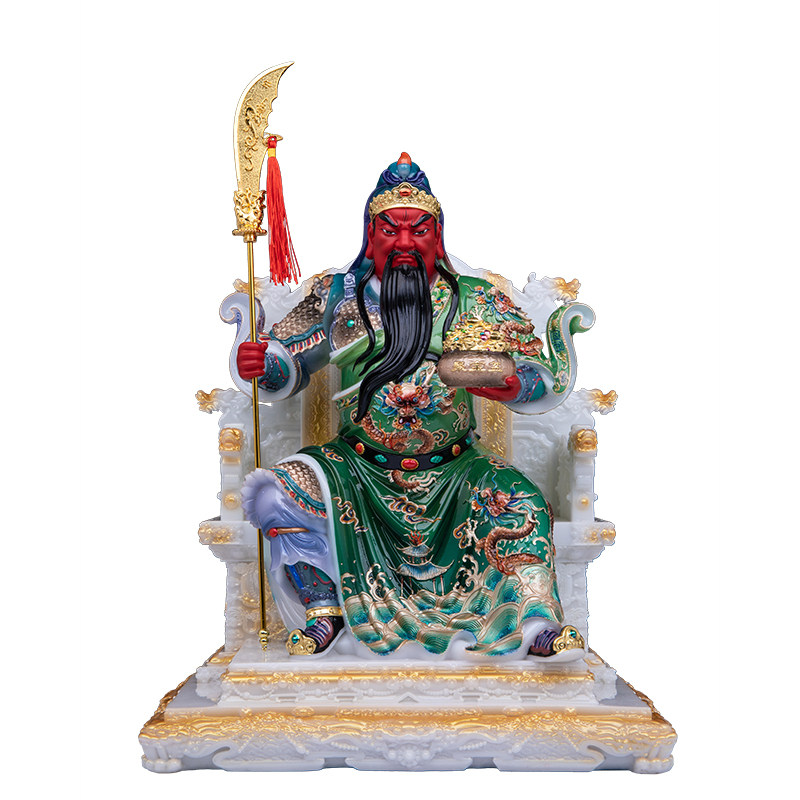 汉白玉彩绘关公武财神摆件