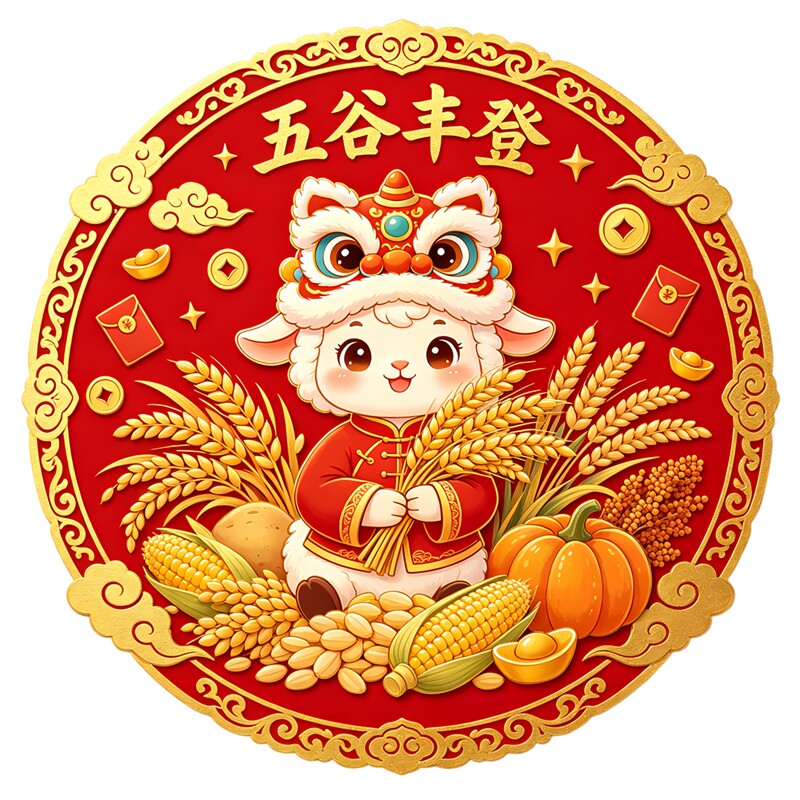 国潮舞狮小羊墙贴五谷丰登麦穗南瓜玉米五谷杂粮圆形新春装饰贴纸