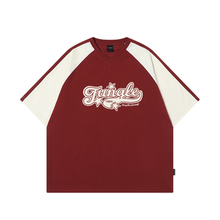 丛林老虎植绒LOGO印花拼接插肩T恤美式复古260g重磅V领短袖男女